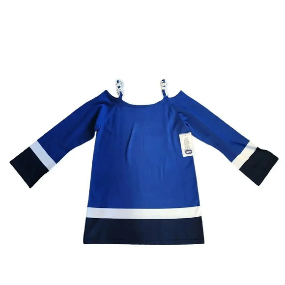 New $185 Etcetera Pullover Top Blue Tricolor Rayon Cold Shoulder Sleeve XS - Picture 6 of 7